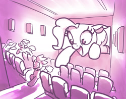 Size: 1523x1197 | Tagged: safe, artist:hunternif, character:pinkie pie, species:pony, breaking the fourth wall, fourth wall, macro, open mouth, pinkie being pinkie, running away, theater, theater seat
