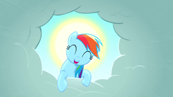 Size: 1920x1080 | Tagged: safe, screencap, character:rainbow dash, species:pegasus, species:pony, episode:the ticket master, g4, my little pony: friendship is magic, cloud, eyes closed, female, halo, mare, smiling, solo, sun, wallpaper
