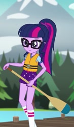 Size: 417x714 | Tagged: safe, screencap, character:twilight sparkle, character:twilight sparkle (scitwi), species:eqg human, equestria girls:legend of everfree, g4, my little pony:equestria girls, cropped, mountain, oar, pier, solo