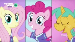 Size: 1920x1080 | Tagged: safe, screencap, character:fluttershy, character:pinkie pie, character:snails, species:pony, species:unicorn, episode:common ground, g4, my little pony: friendship is magic, blue background, buckball uniform, clothing, colt, discovery family logo, eyes closed, female, jersey, male, mare, pink background, purple background, simple background, split screen, trio