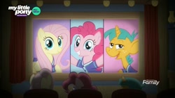 Size: 1657x936 | Tagged: safe, screencap, character:fluttershy, character:pinkie pie, character:snails, species:pony, species:unicorn, episode:common ground, g4, my little pony: friendship is magic, buckball uniform, clothing, colt, discovery family logo, female, jersey, male, mare, movie, split screen