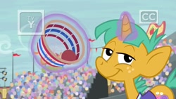 Size: 1920x1080 | Tagged: safe, screencap, character:snails, species:pony, species:unicorn, episode:common ground, g4, my little pony: friendship is magic, colt, discovery family logo, lidded eyes, magic, magic aura, male, smiling, solo focus, telekinesis