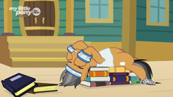 Size: 1920x1080 | Tagged: safe, screencap, character:quibble pants, species:earth pony, species:pony, episode:common ground, g4, my little pony: friendship is magic, armband, book, clothing, discovery family logo, headband, male, solo, stallion, tank top