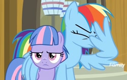 Size: 1442x904 | Tagged: safe, screencap, character:rainbow dash, character:wind sprint, species:pegasus, species:pony, episode:common ground, g4, my little pony: friendship is magic, auntie dashie, cropped, discovery family logo, duo, eyes closed, facewing, female, filly, foal, hug, mare, unimpressed, winghug