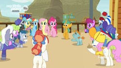 Size: 1920x1080 | Tagged: safe, screencap, character:berry punch, character:berryshine, character:daisy, character:dark moon, character:fluttershy, character:graphite, character:little league, character:pinkie pie, character:pokey pierce, character:rainbow dash, character:rainbow stars, character:royal riff, character:snails, character:snips, character:sunshower raindrops, character:twinkleshine, species:earth pony, species:pegasus, species:pony, species:unicorn, episode:common ground, g4, my little pony: friendship is magic, appleloosa, background pony, baseball cap, bow, buckball museum, cap, clothing, coin purse, colt, discovery family logo, female, foal, hair bow, hair bun, hat, hoof hold, jersey, male, mare, mesa, raised hoof, smiling, stallion, tail bow, tail bun, team spirit