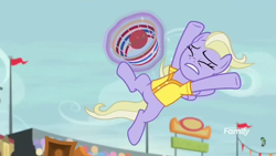 Size: 1280x720 | Tagged: safe, screencap, character:sweet buzz, species:pegasus, species:pony, episode:common ground, g4, my little pony: friendship is magic, basket, buckball, buckball uniform, buckbasket, bushel basket, clothing, eyes closed, female, jersey, las pegasus resident, magic, magic aura, mare, telekinesis