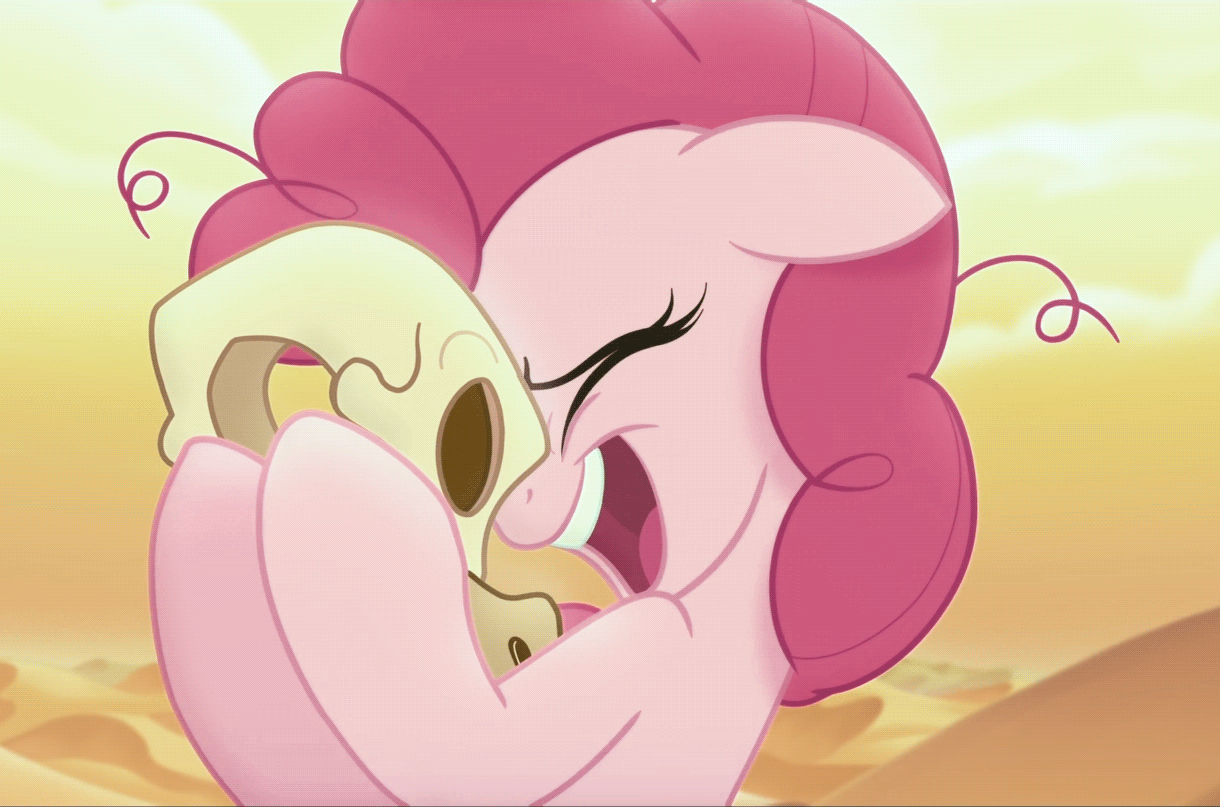 Size: 1220x807 | Tagged: safe, artist:igokapichka, screencap, character:pinkie pie, species:earth pony, species:pony, my little pony: the movie (2017), animated, bone dry desert, dead, desert, desert sun madness, eyes closed, faec, female, floppy ears, gif, hoof hold, insanity, laughing, loop, mare, messy mane, open mouth, skull, solo