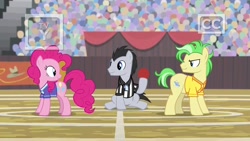 Size: 1280x720 | Tagged: safe, screencap, character:lucky clover, character:pinkie pie, species:pony, episode:common ground, g4, my little pony: friendship is magic, buckball uniform, las pegasus resident, referee shirt, saturn (character), whistle