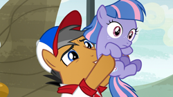 Size: 1920x1080 | Tagged: safe, screencap, character:quibble pants, character:wind sprint, species:earth pony, species:pegasus, species:pony, episode:common ground, g4, my little pony: friendship is magic, baseball cap, blank stare, cap, circle of life, clothing, duo, female, fetal position, filly, foal, hat, holding a pony, it's dangerous to go alone, lifting, male, mesa, o.o, shirt, stallion, wide eyes