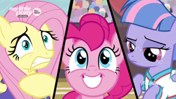 Size: 1920x1080 | Tagged: safe, screencap, character:fluttershy, character:pinkie pie, character:wind sprint, species:pony, episode:common ground, g4, my little pony: friendship is magic, buckball, discovery family logo, female, filly, foal, mare, split screen, trio, varying degrees of want
