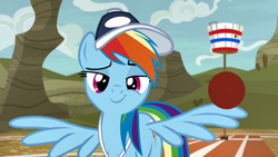 Size: 1920x1080 | Tagged: safe, screencap, character:rainbow dash, species:pegasus, species:pony, episode:common ground, g4, my little pony: friendship is magic, ball, baseball cap, cap, clothing, coach rainbow dash, faec, female, hat, hooves, lidded eyes, looking at you, mare, raised eyebrow, smiling, smirk, smug, smugdash, solo, spread wings, whistle, wingboner, wings