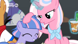 Size: 1920x1080 | Tagged: safe, screencap, character:clear sky, character:wind sprint, species:pony, species:unicorn, episode:common ground, g4, my little pony: friendship is magic, bedroom eyes, duo focus, eyes closed, female, foal, head pat, like mother like daughter, mare, mother and daughter, neckerchief, pat, smiling