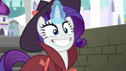 Size: 1920x1080 | Tagged: safe, screencap, character:rarity, species:pony, species:unicorn, episode:sparkle's seven, g4, my little pony: friendship is magic, detective rarity, faec, female, glowing horn, horn, mare, smiling, solo