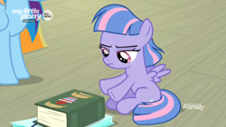 Size: 1366x768 | Tagged: safe, screencap, character:rainbow dash, character:wind sprint, species:pegasus, species:pony, episode:common ground, g4, my little pony: friendship is magic, book, duo, female, filly, mare, shopping bags, solo focus, unamused