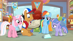 Size: 1366x768 | Tagged: safe, screencap, character:clear sky, character:quibble pants, character:rainbow dash, character:wind sprint, species:earth pony, species:pegasus, species:pony, species:unicorn, episode:common ground, g4, my little pony: friendship is magic, balloon, book, cap, clothing, discovery family logo, female, filly, foal, gift shop, hat, male, mare, my little pony logo, shirt, shop, shopping bags, stallion, towel