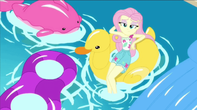 Size: 640x359 | Tagged: safe, official, screencap, character:fluttershy, episode:i'm on a yacht, g4, my little pony:equestria girls, animated, barefoot, cute, eyeshadow, feet, floaty, flutterfeet, foot focus, gif, inflatable, inflatable toy, lidded eyes, loop, makeup, not an edit, pool toy, shyabetes, soles, solo, swimming pool, toes, wiggling toes