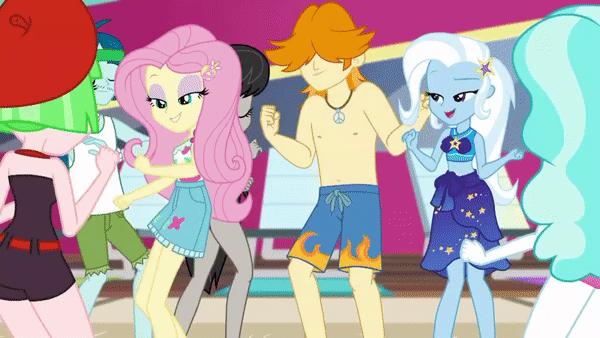 Size: 600x338 | Tagged: safe, screencap, character:captain planet, character:drama letter, character:fluttershy, character:octavia melody, character:paisley, character:trixie, character:watermelody, episode:i'm on a yacht, g4, my little pony:equestria girls, animated, armpits, background human, bare chest, beret, clothing, cute, dancing, diatrixes, female, geode of fauna, hat, legs, magical geodes, male, midriff, moonwalk, partial nudity, sarong, sexy, shorts, shyabetes, swimming trunks, swimsuit, tavibetes, topless, valhallen