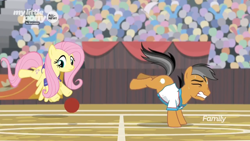 Size: 1366x768 | Tagged: safe, screencap, character:fluttershy, character:quibble pants, species:earth pony, species:pegasus, species:pony, episode:common ground, g4, my little pony: friendship is magic, audience, ball, buckball, crowd, discovery family logo, fail, field
