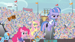 Size: 1366x768 | Tagged: safe, screencap, character:fluttershy, character:pinkie pie, character:rainbow dash, species:pony, episode:common ground, g4, my little pony: friendship is magic, audience, clothing, crowd, disappointed, facehoof, flag, flying, jersey, lights, spotlight, stadium, unamused