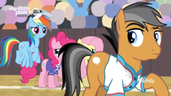 Size: 1366x768 | Tagged: safe, screencap, character:fluttershy, character:pinkie pie, character:quibble pants, character:rainbow dash, species:earth pony, species:pegasus, species:pony, episode:common ground, g4, my little pony: friendship is magic, audience, crowd, discovery family logo, field