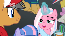 Size: 1366x768 | Tagged: safe, screencap, character:caramel, character:clear sky, character:quibble pants, character:twinkleshine, character:wind sprint, species:earth pony, species:pony, species:unicorn, episode:common ground, g4, my little pony: friendship is magic, discovery family logo, drink, glowing horn, horn, levitation, magic, seductive, seductive look, telekinesis