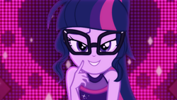 Size: 1920x1080 | Tagged: safe, screencap, character:twilight sparkle, character:twilight sparkle (scitwi), species:eqg human, episode:i'm on a yacht, g4, my little pony:equestria girls, adorasexy, beautiful, bedroom eyes, close-up, clothing, cute, dress, glasses, looking at you, neon eg logo, ponytail, sexy, sexy egghead, sleeveless, solo, twiabetes