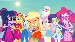 Size: 1920x1080 | Tagged: safe, screencap, character:applejack, character:bulk biceps, character:fluttershy, character:pinkie pie, character:rainbow dash, character:rarity, character:sunset shimmer, character:twilight sparkle, character:twilight sparkle (scitwi), species:eqg human, episode:i'm on a yacht, g4, my little pony:equestria girls, clothing, geode of empathy, geode of shielding, geode of sugar bombs, geode of super strength, glasses, hat, heart glasses, heart shaped glasses, humane five, humane seven, humane six, magical geodes, ponytail, sailor, sailor hat, sleeveless, sun, sunburn, sunglasses