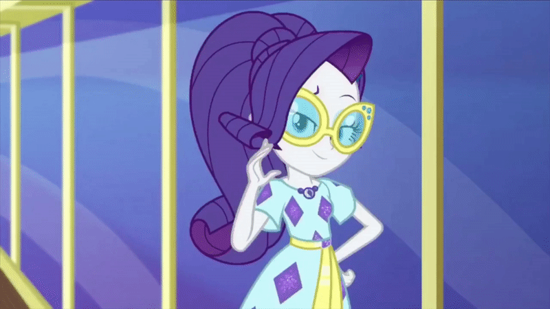 Size: 800x450 | Tagged: safe, screencap, character:rarity, episode:i'm on a yacht, g4, my little pony:equestria girls, animated, clothing, dress, fabulous, gif, hand on hip, looking at you, smiling, solo, sparkles, sunglasses