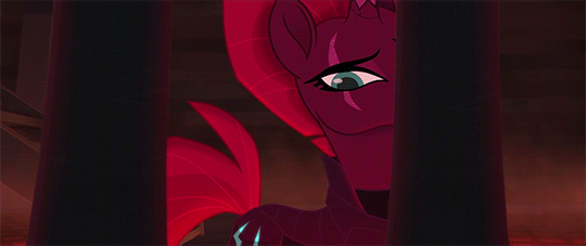 Size: 540x227 | Tagged: safe, screencap, character:tempest shadow, species:pony, species:unicorn, my little pony: the movie (2017), amused, animated, armor, broken horn, cage, evil grin, eye scar, female, grin, horn, mare, mocking, mohawk, scar, smiling, snickering, solo, walking