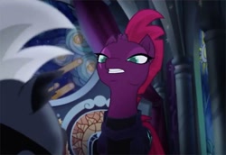 Size: 640x441 | Tagged: safe, screencap, character:grubber, character:tempest shadow, species:pony, my little pony: the movie (2017), armor, beautiful, broken horn, canterlot, canterlot castle, cracked horn, cropped, eye scar, faceless male, female, hedgehog, horn, male, mare, mohawk, scar, stained glass, teeth