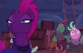 Size: 283x181 | Tagged: safe, screencap, character:captain celaeno, character:lix spittle, character:mullet, character:tempest shadow, species:pony, my little pony: the movie (2017), animated, armor, beautiful, broken horn, eye scar, female, horn, mare, mohawk, parrot pirates, pirate, scar, suspicious, walking, worried