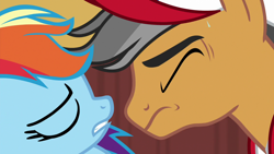 Size: 1280x720 | Tagged: safe, screencap, character:quibble pants, character:rainbow dash, species:earth pony, species:pegasus, species:pony, episode:common ground, g4, my little pony: friendship is magic, cap, clothing, duo, eyes closed, female, hat, male, mare, out of context, stallion, sweat