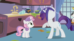 Size: 500x281 | Tagged: safe, screencap, character:hondo flanks, character:rarity, character:sweetie belle, species:pony, species:unicorn, episode:sisterhooves social, g4, my little pony: friendship is magic, animation error, cabinet, curtains, female, filly, foal, frying pan, great moments in animation, heart, kitchen, male, mare, mess, no face, oven, plate, pot, raised hoof, sink, stallion, wat, what is anatomy, window