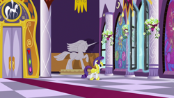 Size: 1920x1080 | Tagged: safe, screencap, character:rarity, species:pony, species:unicorn, episode:sparkle's seven, g4, my little pony: friendship is magic, armorarity, carpet, female, glowing horn, horn, looking at something, magic, mare, royal guard armor, royal guard rarity, solo, telekinesis, window