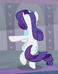 Size: 523x672 | Tagged: safe, screencap, character:rarity, species:pony, species:unicorn, episode:she's all yak, g4, my little pony: friendship is magic, season 9, bipedal, both cutie marks, cropped, female, fit right in, mare, rear view, solo, twirl