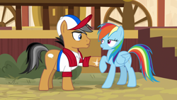 Size: 1920x1080 | Tagged: safe, screencap, character:quibble pants, character:rainbow dash, species:earth pony, species:pegasus, species:pony, episode:common ground, g4, my little pony: friendship is magic, appleloosa, baseball cap, book, cap, clothing, duo, female, hat, kissy face, male, mare, mid-blink screencap, raised hoof, scarf, shirt, slap, stallion