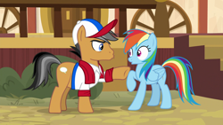 Size: 1920x1080 | Tagged: safe, screencap, character:quibble pants, character:rainbow dash, species:earth pony, species:pegasus, species:pony, episode:common ground, g4, my little pony: friendship is magic, appleloosa, baseball cap, book, cap, clothing, duo, female, hat, kissy face, male, mare, out of context, raised hoof, scarf, shirt, stallion