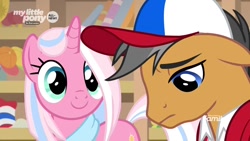 Size: 1280x720 | Tagged: safe, screencap, character:clear sky, character:quibble pants, species:earth pony, species:pony, species:unicorn, episode:common ground, g4, my little pony: friendship is magic, baseball cap, cap, clothing, duo, female, floppy ears, hat, male, mare, stallion
