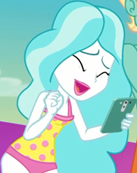 Size: 631x795 | Tagged: safe, screencap, character:paisley, character:zephyr breeze, episode:i'm on a yacht, g4, my little pony:equestria girls, background human, cellphone, clothing, cropped, cute, eyes closed, female, male, offscreen character, one-piece swimsuit, open mouth, phone, polka dot swimsuit, smartphone, smiling, solo focus, swimsuit