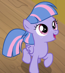 Size: 640x720 | Tagged: safe, screencap, character:wind sprint, species:pegasus, species:pony, episode:common ground, g4, my little pony: friendship is magic, cropped, cute, female, filly, foal, freckles, happy, looking up, raised hoof, smiling, solo, sprintabetes