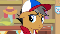 Size: 1280x720 | Tagged: safe, screencap, character:quibble pants, species:earth pony, species:pony, episode:common ground, g4, my little pony: friendship is magic, bust, cap, clothing, cute, floppy ears, hat, male, portrait, quibblebetes, sad, sadorable, solo, stallion
