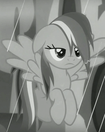 Size: 215x270 | Tagged: safe, screencap, character:rainbow dash, species:pegasus, species:pony, episode:rarity investigates, g4, my little pony: friendship is magic, animated, black and white, cropped, cute, dashabetes, female, floppy ears, flying, grayscale, mare, monochrome, noir, rain, sad, sadorable, solo, wet mane, wings