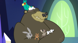 Size: 2100x1177 | Tagged: safe, screencap, character:harry, species:bird, species:rabbit, episode:castle sweet castle, g4, my little pony: friendship is magic, animal, bear, eyes closed, ferret, hug, male, mouse, popinjay, sitting on head, squirrel