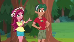 Size: 1920x1080 | Tagged: safe, screencap, character:gloriosa daisy, character:timber spruce, equestria girls:legend of everfree, g4, my little pony:equestria girls, brother and sister, camp everfree logo, camp everfree outfits, female, flower, flower in hair, geode of fauna, geode of shielding, geode of sugar bombs, geode of super speed, geode of super strength, magical geodes, male, microphone, siblings