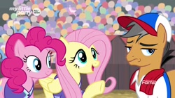 Size: 1280x720 | Tagged: safe, screencap, character:fluttershy, character:pinkie pie, character:quibble pants, species:earth pony, species:pegasus, species:pony, episode:common ground, g4, my little pony: friendship is magic, cap, clothing, hat, shirt