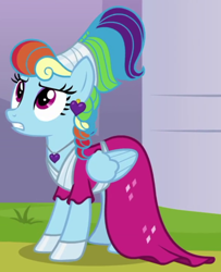 Size: 388x479 | Tagged: safe, screencap, character:rainbow dash, species:pegasus, species:pony, episode:sparkle's seven, g4, my little pony: friendship is magic, alternate hairstyle, clothing, cropped, cute, dashabetes, dress, ear piercing, earring, female, jewelry, mare, megaradash, piercing, rainbow dash always dresses in style, solo