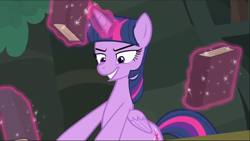 Size: 1366x771 | Tagged: safe, screencap, character:twilight sparkle, character:twilight sparkle (alicorn), species:alicorn, species:pony, equestria girls:forgotten friendship, g4, my little pony:equestria girls, book, cropped, glowing horn, grin, levitation, lidded eyes, magic, smiling, solo, telekinesis