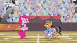 Size: 1280x720 | Tagged: safe, screencap, character:pinkie pie, character:quibble pants, character:wind sprint, species:earth pony, species:pegasus, species:pony, episode:common ground, g4, my little pony: friendship is magic, lidded eyes, out of context, tail stand