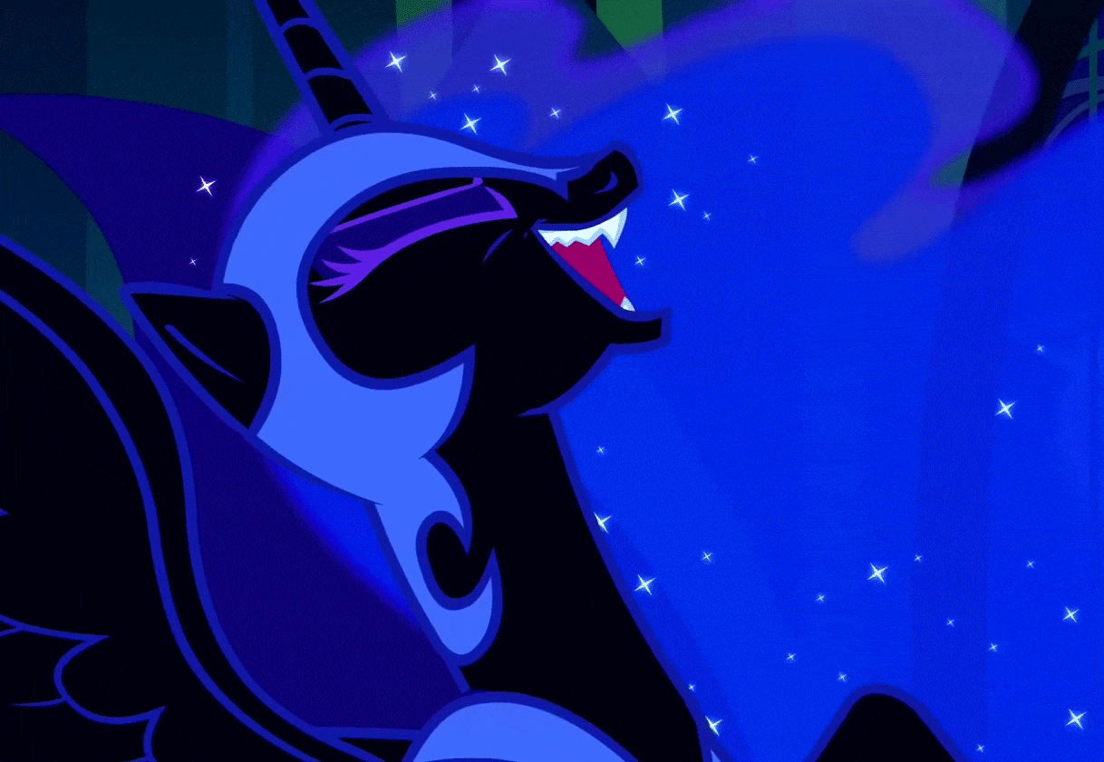 Size: 1218x841 | Tagged: safe, screencap, character:nightmare moon, character:princess luna, species:alicorn, species:pony, episode:the cutie re-mark, animated, cropped, ethereal mane, evil laugh, fangs, female, galaxy mane, gif, laughing, mare, spread wings, wings