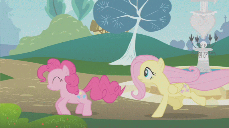 Size: 800x450 | Tagged: safe, screencap, character:fluttershy, character:pinkie pie, species:earth pony, species:pegasus, species:pony, episode:dragonshy, g4, my little pony: friendship is magic, animated, duo, female, gif, mare, pronking, running